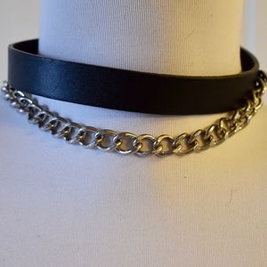 Black Leather Silver Chain Collar Necklace Choker